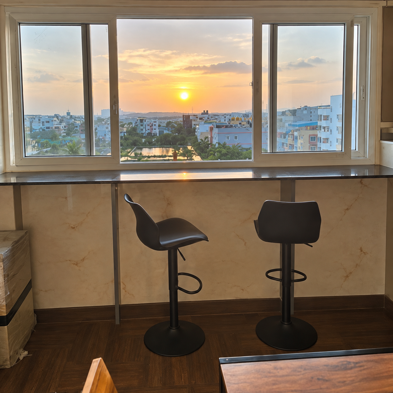 Oasis Living dining counter with sunset view