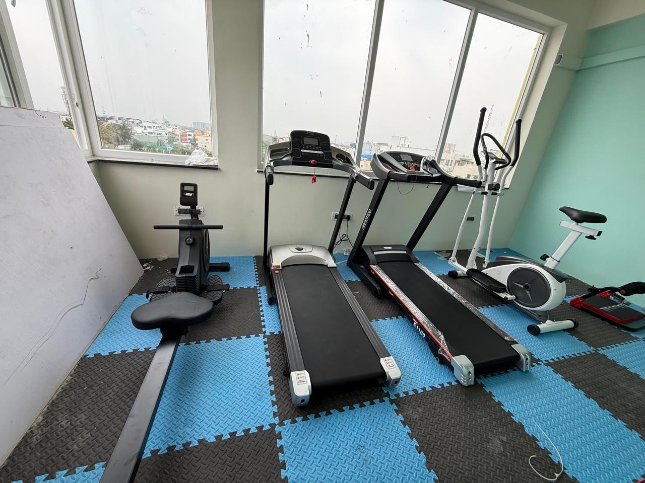 Oasis Living gym — elliptical cross-trainer with city view
