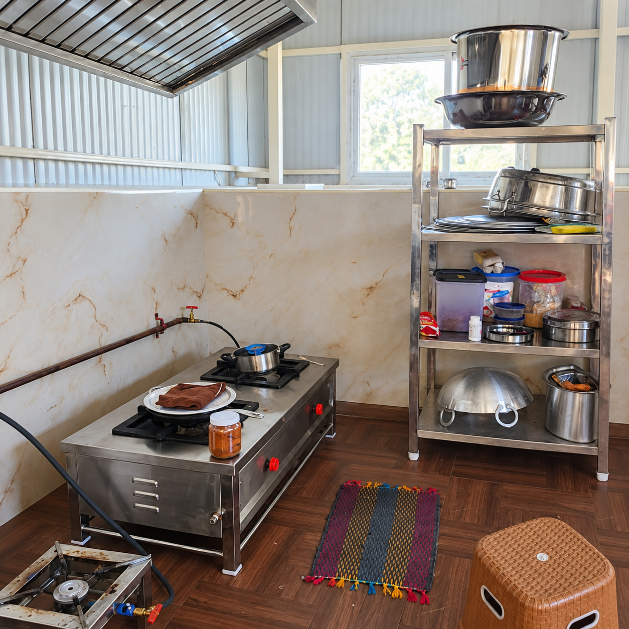 Oasis Living kitchen cooking station and cookware shelves